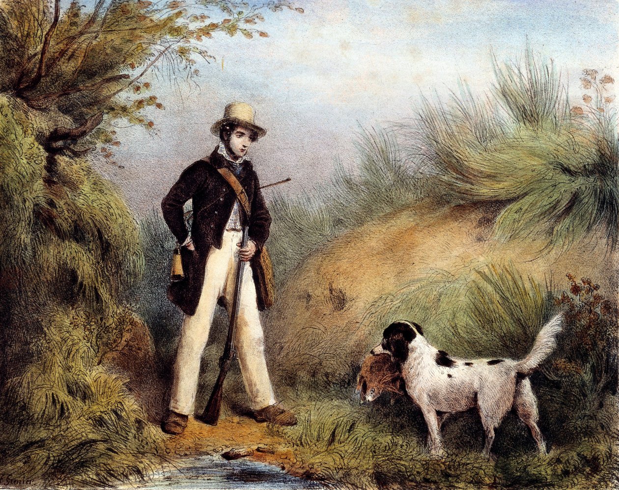 Hunter com o seu cão. Impressão do século XIX. Gien, museu da caça de Unknown artist