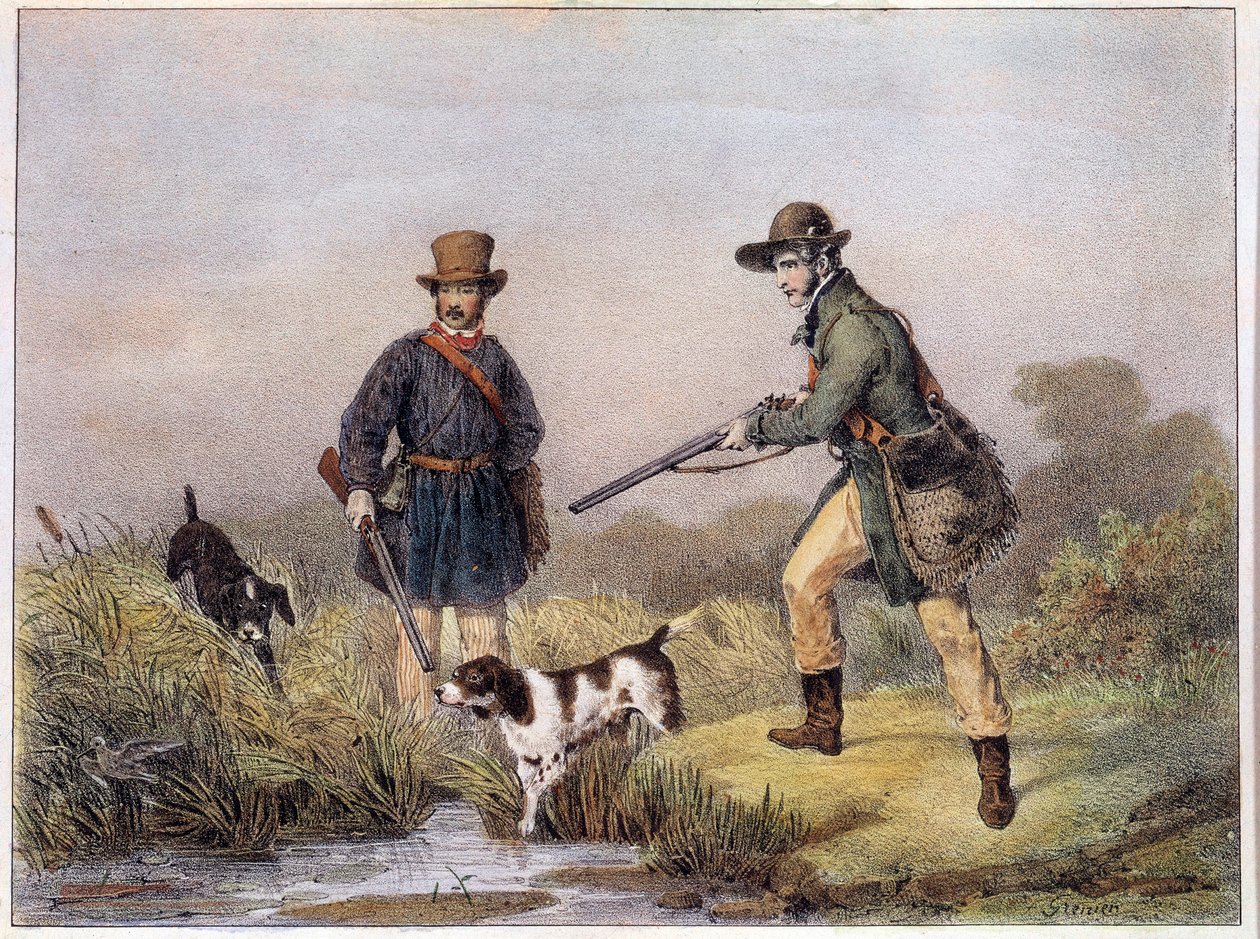 Caçadores nos pântanos Impressões do Gien do século XIX, museu da caça de Unknown artist