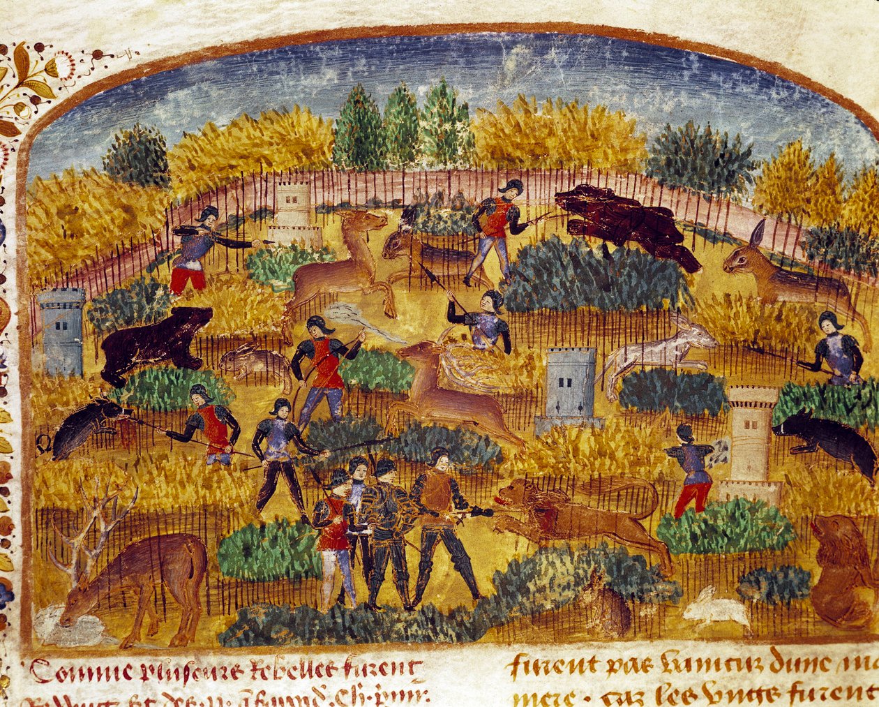Miniatura de Cena de Caça tirada do "Livro de Fatos de Alexandre o Grande" de Quintus Curtius Rufus (Quinteto Curce) (século I), cerca de 1468. (Ms 1335) Reims. Biblioteca Municipal de Unknown artist