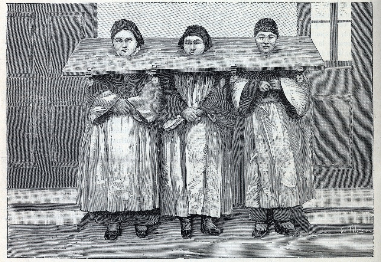 A caça na China: a canga, um aparelho de tormento (uma espécie de pelourinho) aplica-se às mães infanticidas. Gravura em "La Nature". de Unknown artist