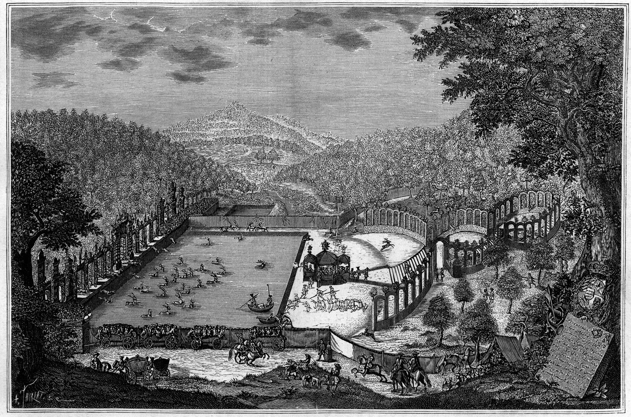 A caça na Alemanha no século XVIII: uma caça ao veado perto de Leonberg em 1748. (A partir de uma fotografia). Gravura em "La Nature: Revue des sciences et de leurs applications aux arts et a l