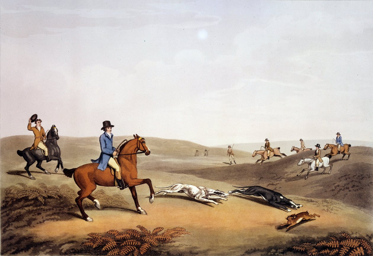 Cena de caça na Inglaterra. Gravura do século XIX. Gien, museu da caça. de Unknown artist