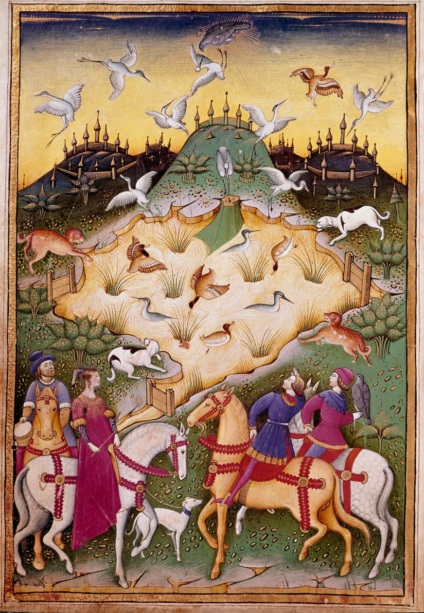 Cena de caça com falcões Miniatura de "Treat falconry and venerie with the motto and emblema of the Duke of Sforza" 1459 (ms. 1375) Chantilly, Musee Conde de Unknown artist