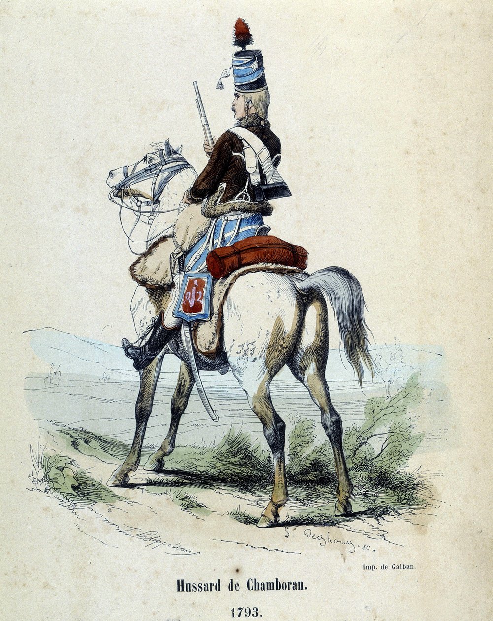 Hussard de Chamboran, em 1793, a cavalo. de Unknown artist