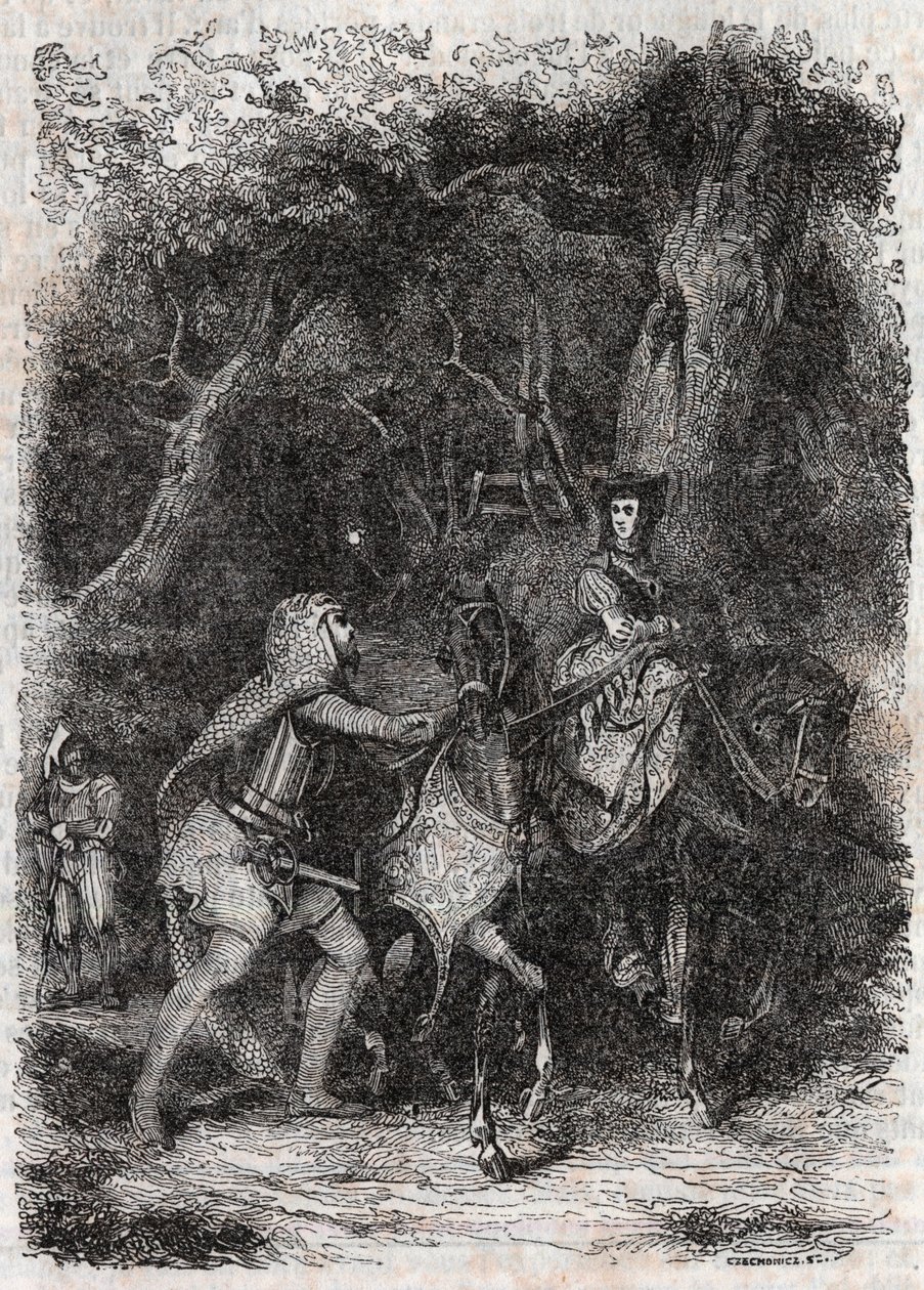 Hypalca Arreted by Rodomont - Gravura de 1851 de "Furious Roland" (Orlando furioso) (século XVI) de Ludovico Ariosto, conhecido como Ariosto - Edição traduzida do italiano pelo Conde de Tressan e publicada por Gustave Harvard 1851 de Unknown artist