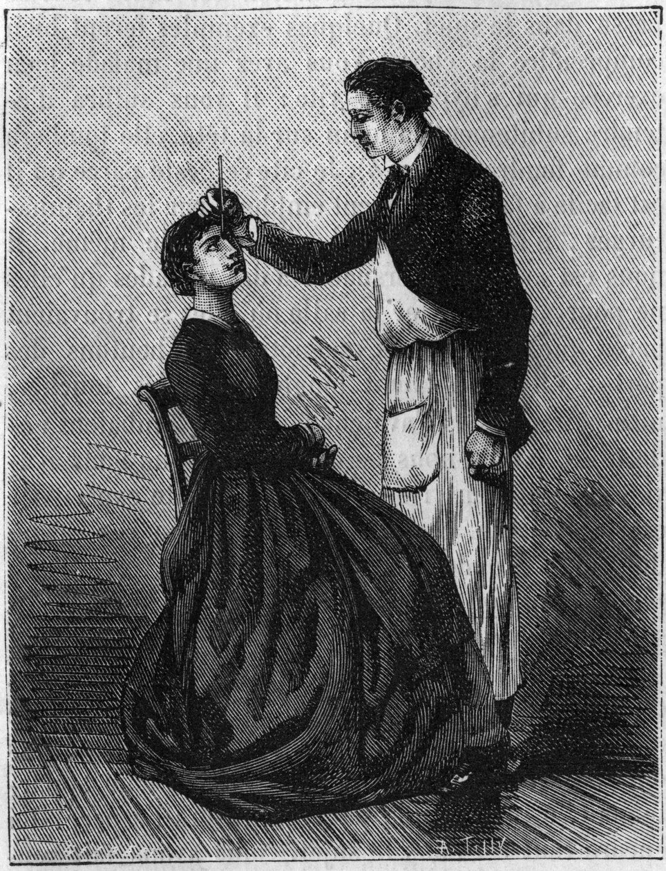 Fenômenos de hipnotismo: Hipnotismo produzido pela fixação de um porta-lápis entre os olhos. Gravação a partir de 1881. de Unknown artist