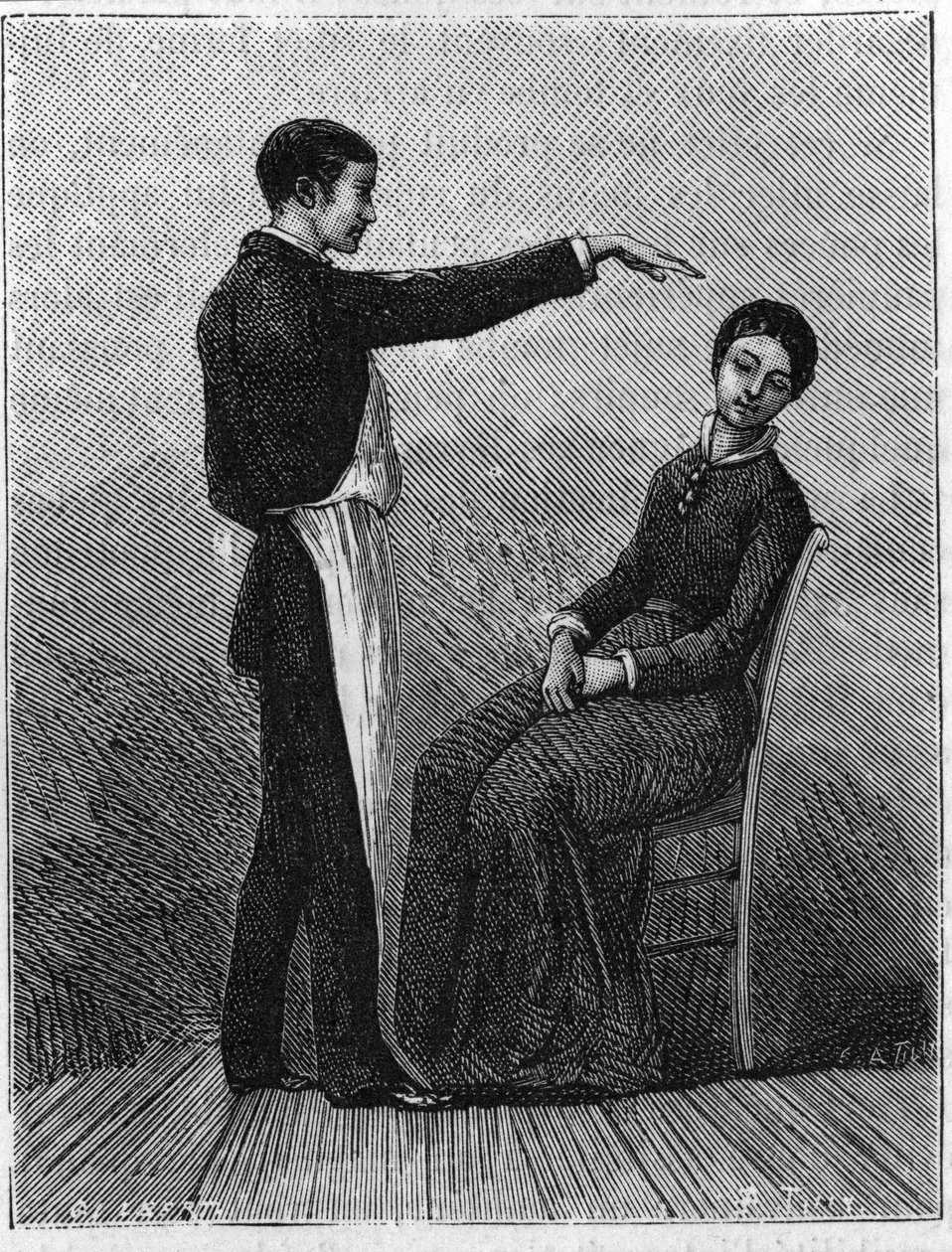 Fenômenos de hipnotismo: o hipnotismo é produzido estendendo subitamente a mão na frente do paciente. Gravação a partir de 1881. de Unknown artist