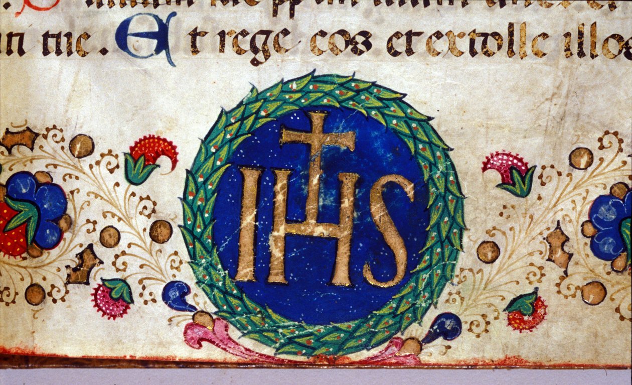 IHS símbolo cristão cujo significado é Jesus. Manuscrito do século XV. de Unknown artist