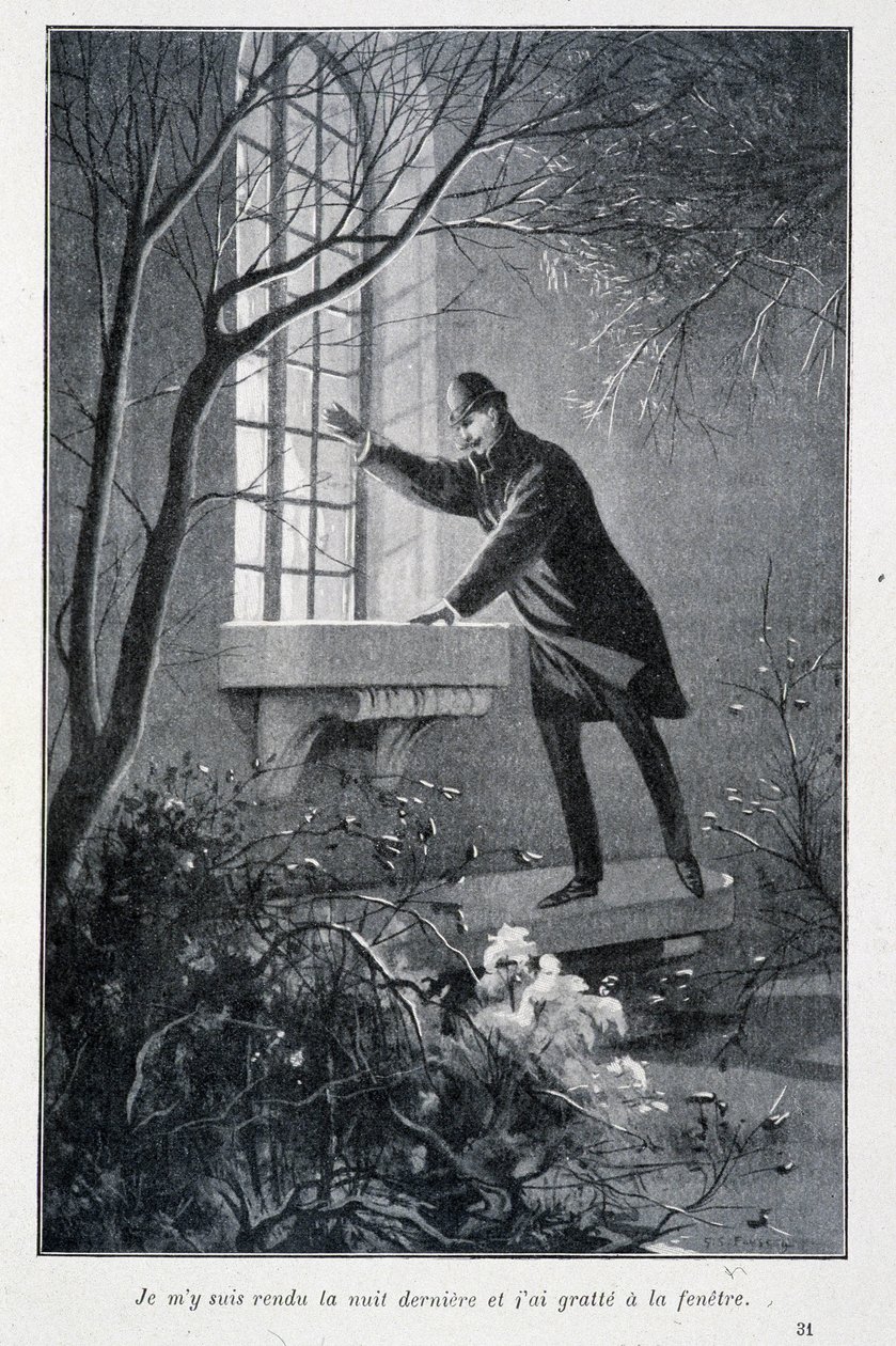 Fui ontem à noite e arranhei na janela, ilustração em "The Permiers Exploits of Sherlock Holmes" de Conan Doyle. Sd. por volta de 1890 de Unknown artist
