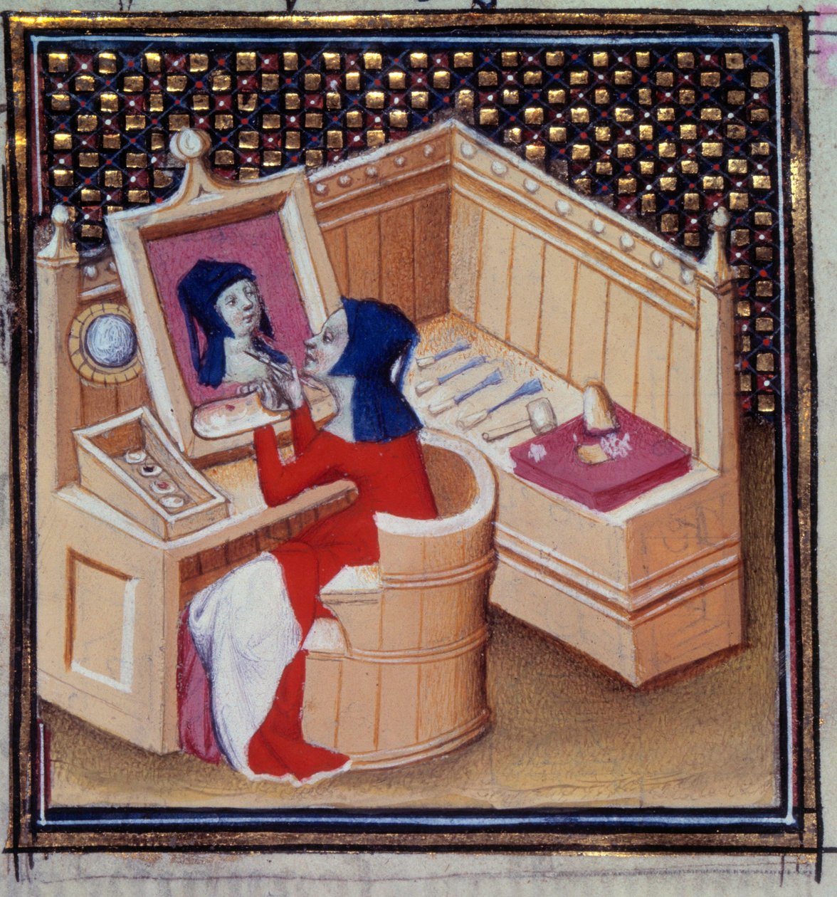 Iaia (Marcia de Cyzique), uma pintora romana, pintando seu próprio retrato em miniatura de "De mulieribus claris" (Des clair et nobles femmes)" de Giovanni Boccacio (Boccace) (1313-1373) de Unknown artist