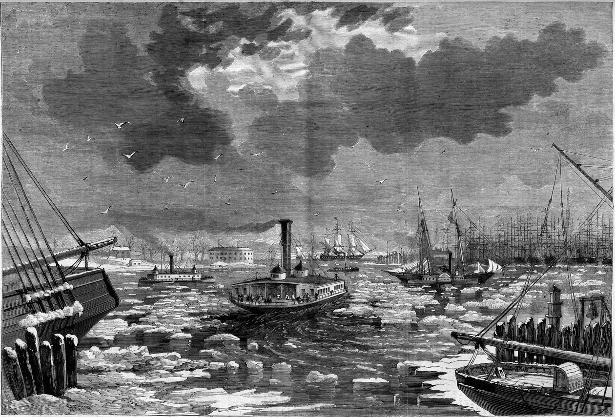 Desastre do gelo em Nova Iorque (Nova Iorque), Estados Unidos (Estados Unidos) visto do rio oriental. Gravura no "The Illustrious Universe" (O Universo Ilustre) de Unknown artist