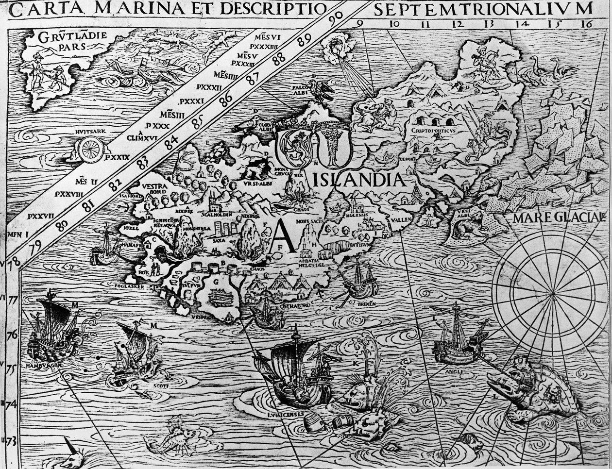 Islândia, cerca de 1539, detalhe de Carta marina do arcebispo sueco Olaus Magnus (1490-1557) de Unknown artist