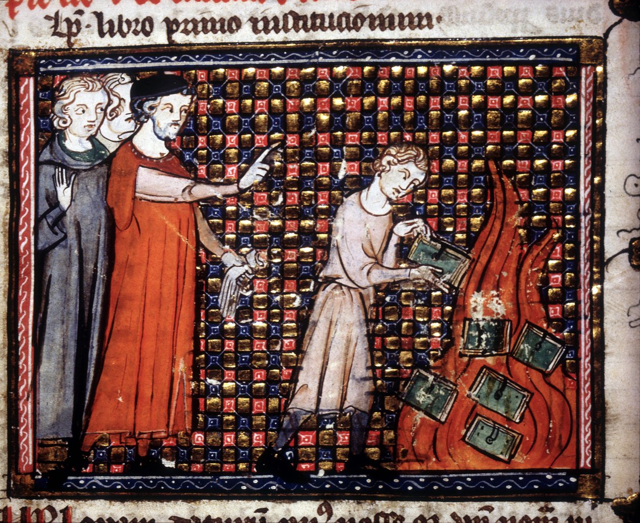 Iconoclastas a atirar miniaturas de manuscritos para o fogo. Manuscrito do século XIV. de Unknown artist