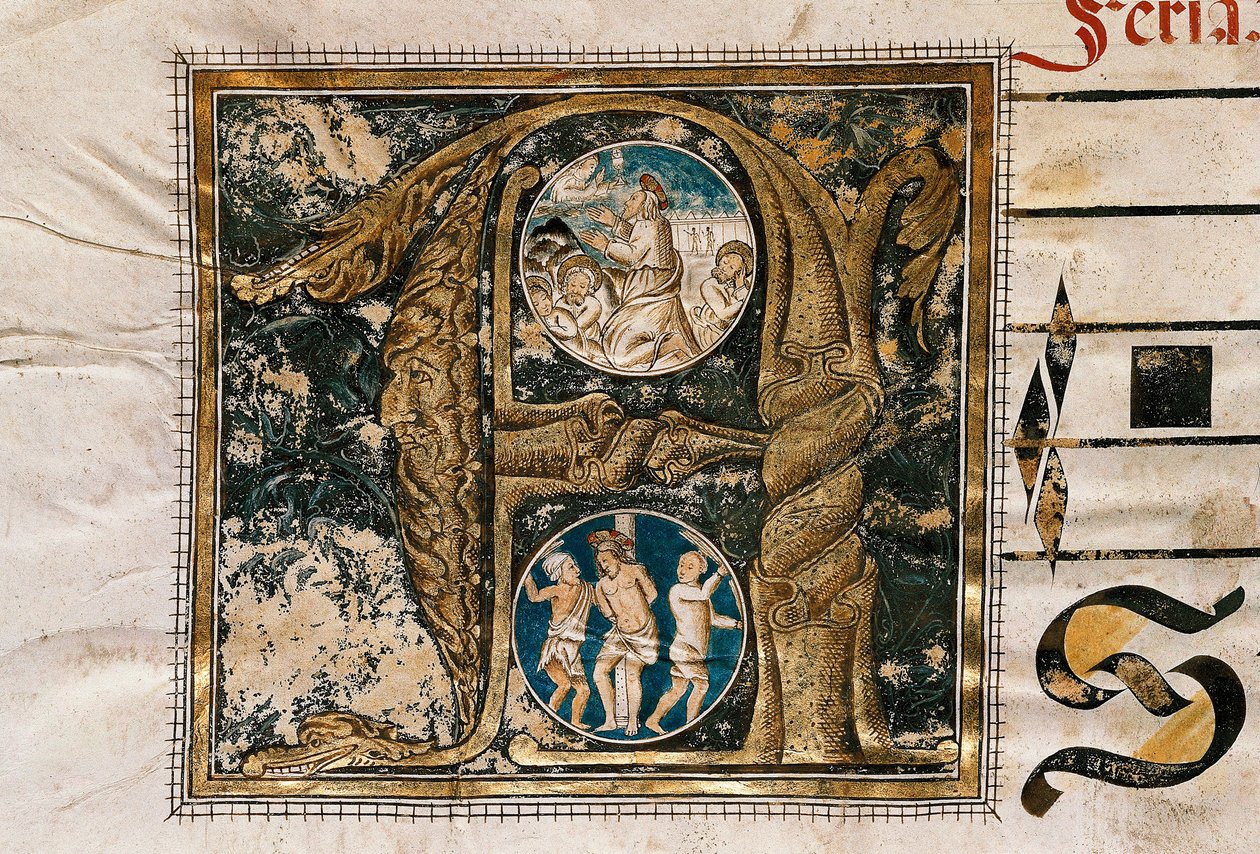 Carta iluminada da pregação de Jesus perante os apóstolos e a flagelação, retirada de um manuscrito de cânticos litúrgicos de Unknown artist