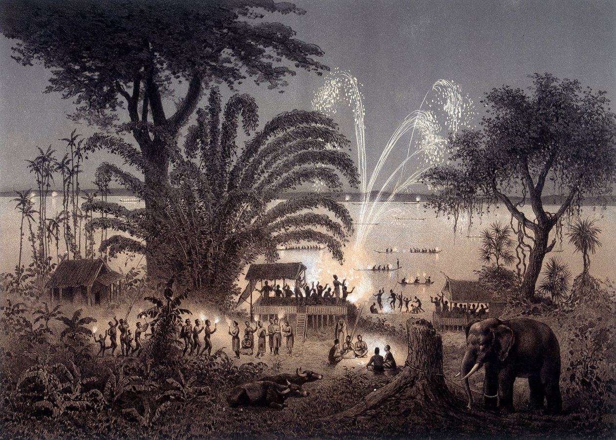 Iluminação do rio durante o Festival de Bassac, no Laos siamês. No "Atlas da viagem de exploração na Indochina realizada durante os anos 1866-1868" publicado sob a direção de F. Garnier 1873. de Unknown artist