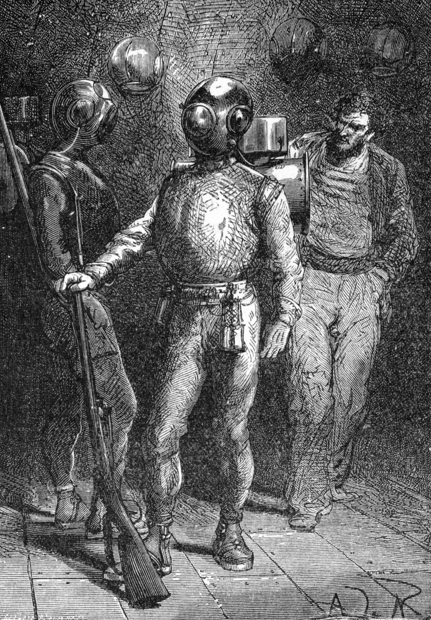 Ilustração de "Twenty thousand leagues under the sea" (Vingt-mille - 20 000 - 20000) por Jules Verne. Um marinheiro do Nautilus usando o Rouquayrol - Denayrouze fato de mergulho. Gravura do século XIX. de Unknown artist