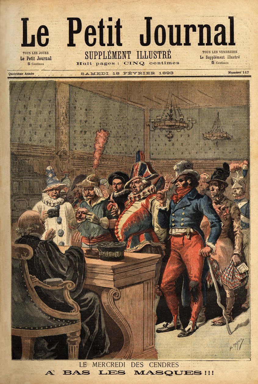 Ilustração para a Quarta-feira de Cinzas, após o Carnaval do Carnaval de Carnaval, os trajes de festa passam em frente ao juiz para se desvelarem. Gravação no "Le petit journal" 18/02/1893. A coleção de Selva. de Unknown artist