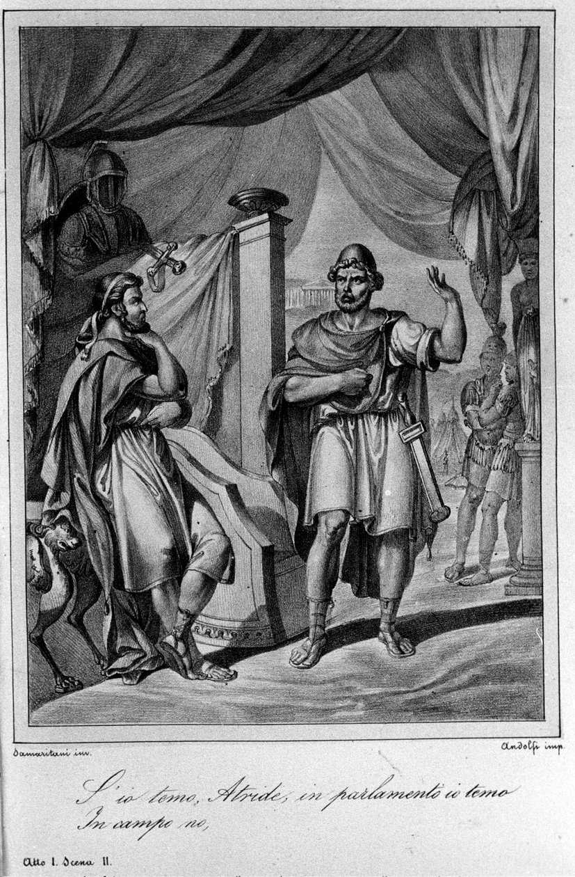 Ilustração para a Cena 2 do Acto I de "Ajax" (Aiace) do poeta e dramaturgo italiano Ugo Foscolo (1778-1827) Século XIX de Unknown artist