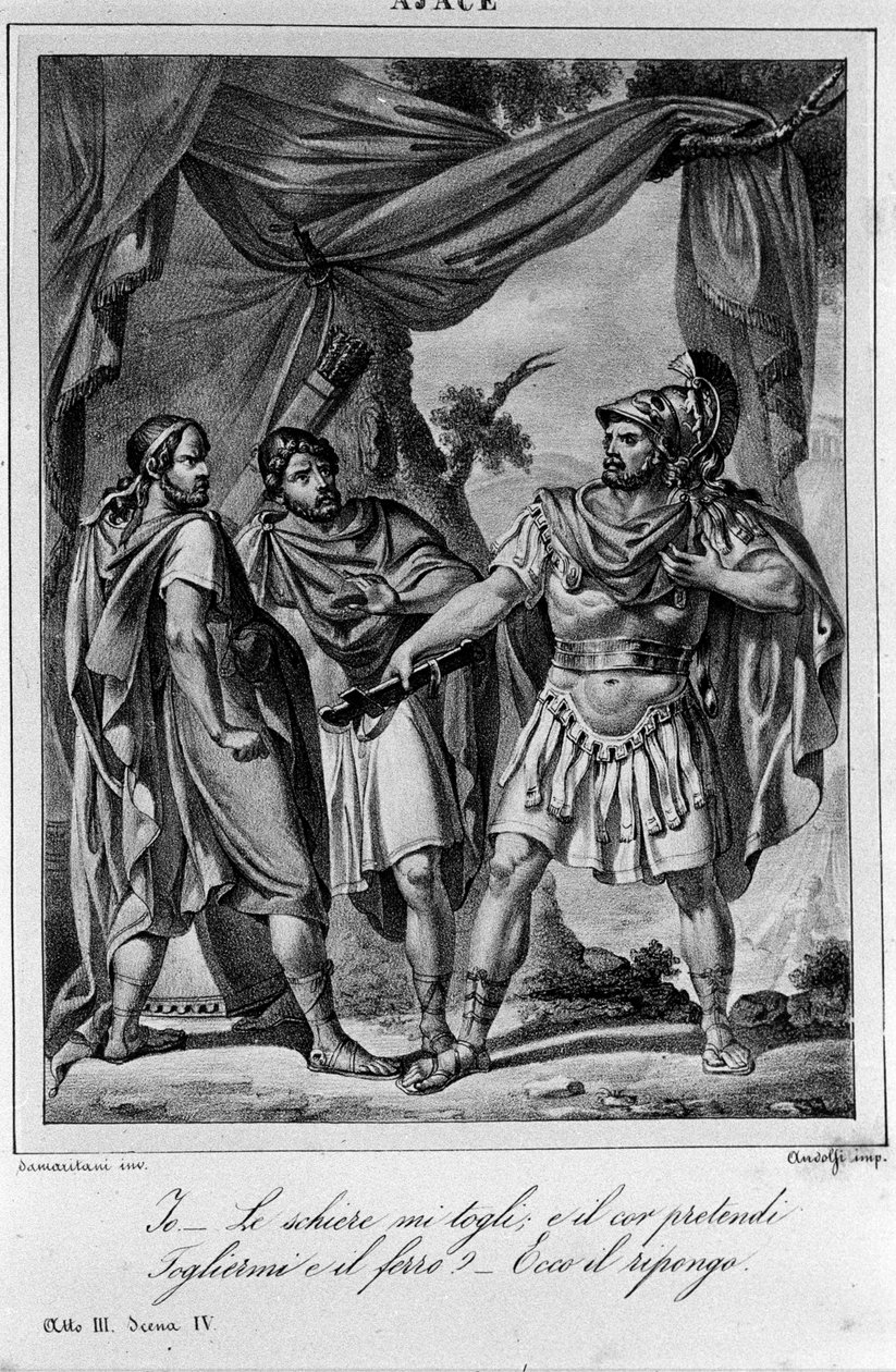 Ilustração para a Cena 3 do Acto IV de "Ajax" (Aiace) do poeta e dramaturgo italiano Ugo Foscolo (1778-1827) Século XIX de Unknown artist