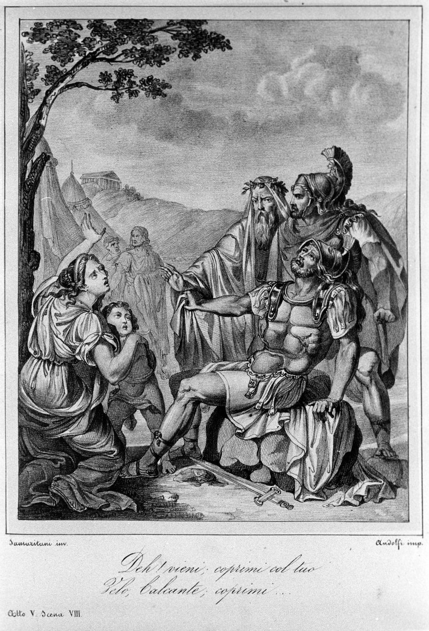 Ilustração para a Cena 8 do Acto V de "Ajax" (Aiace) do poeta e dramaturgo italiano Ugo Foscolo (1778-1827) Século XIX de Unknown artist
