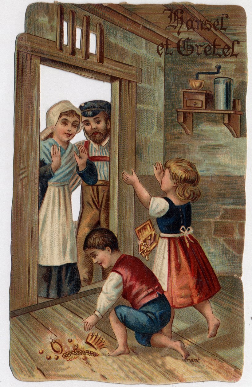 Ilustração para a história dos irmãos Grimm "Hansel e Gretel": Hansel e Gretel voltaram às suas casas, deram aos seus pais as jóias que tinham tido. Cromolitografia do final do século XIX. de Unknown artist