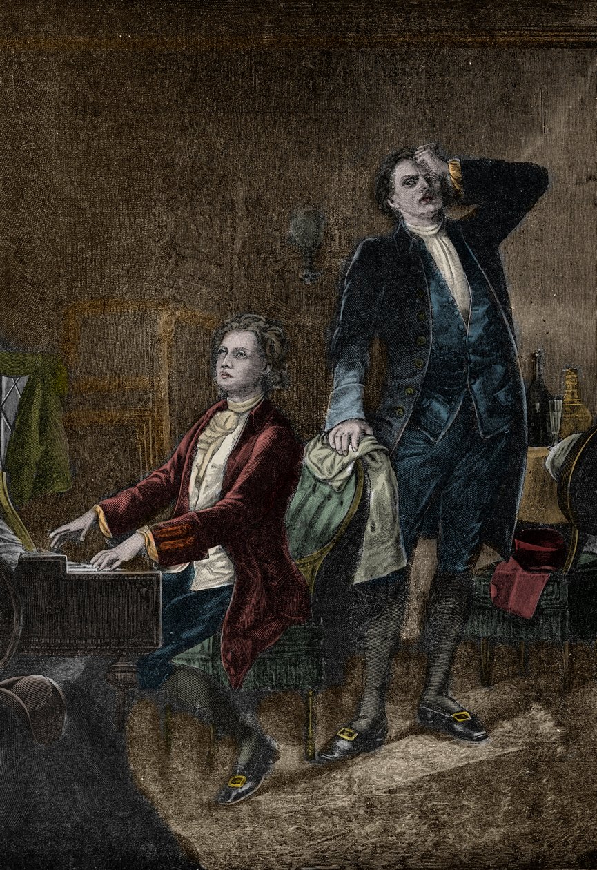 Ilustração do drama "Mozart e Salieri", de Alexander Pushkin, Escrito em 1830 - Antonio Salieri invejoso de Wolfgang Amadeus Mozart de Unknown artist