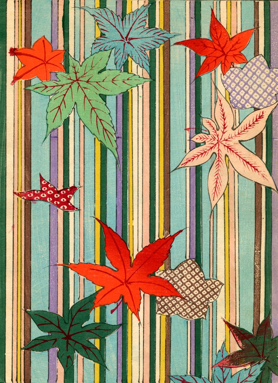 Ilustração de folhas de outono sobre fundo listrado de Unknown artist