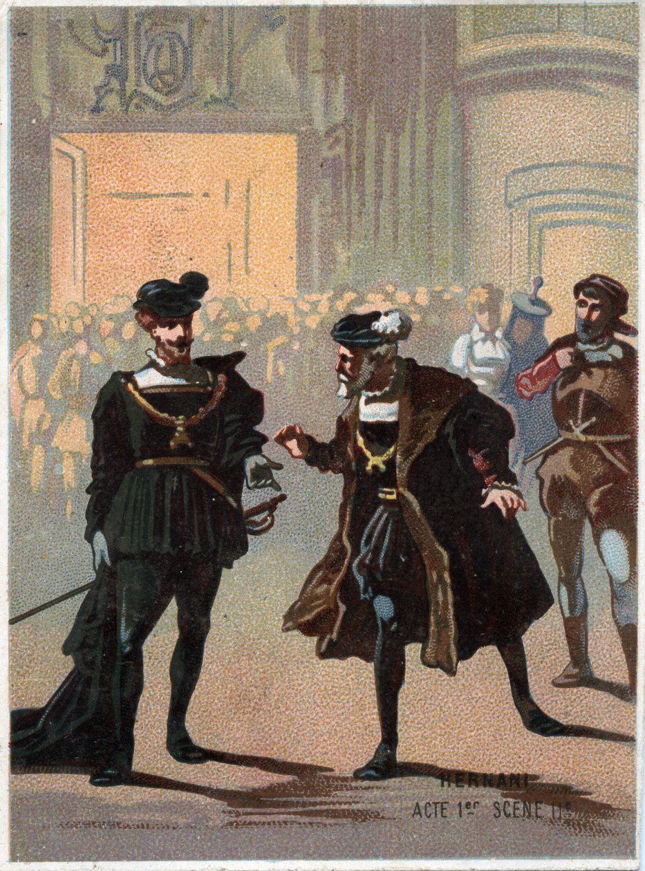 Ilustração de "Ernani" do compositor italiano Giuseppe Verdi (1813 - 1901), ato 1, cena II da ópera criada em 1844 após a tragédia "Hernani" de Victor Hugo. Cromolitografia do final do século XIX. de Unknown artist