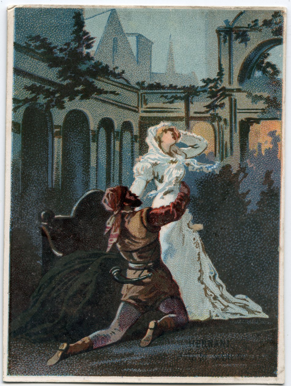 Ilustração de "Ernani" do compositor italiano Giuseppe Verdi (1813 - 1901), ato 2, cena IV de ópera criada em 1844 após a tragédia "Hernani" de Victor Hugo. Cromolitografia do final do século XIX. de Unknown artist