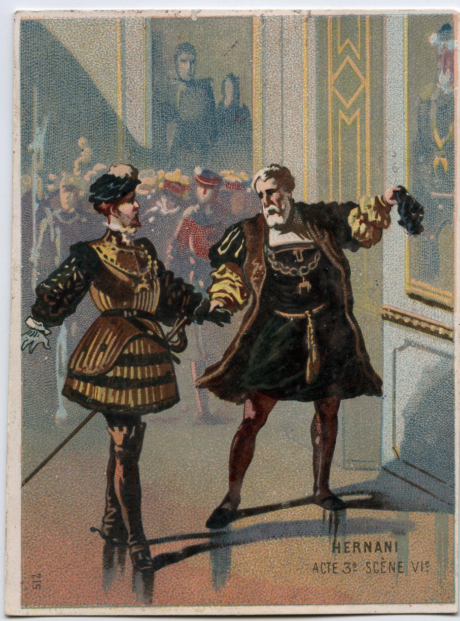 Ilustração de "Ernani" do compositor italiano Giuseppe Verdi (1813 - 1901), ato 3, cena VI da ópera criada em 1844 após a tragédia "Hernani" de Victor Hugo. Cromolitografia do final do século XIX. de Unknown artist