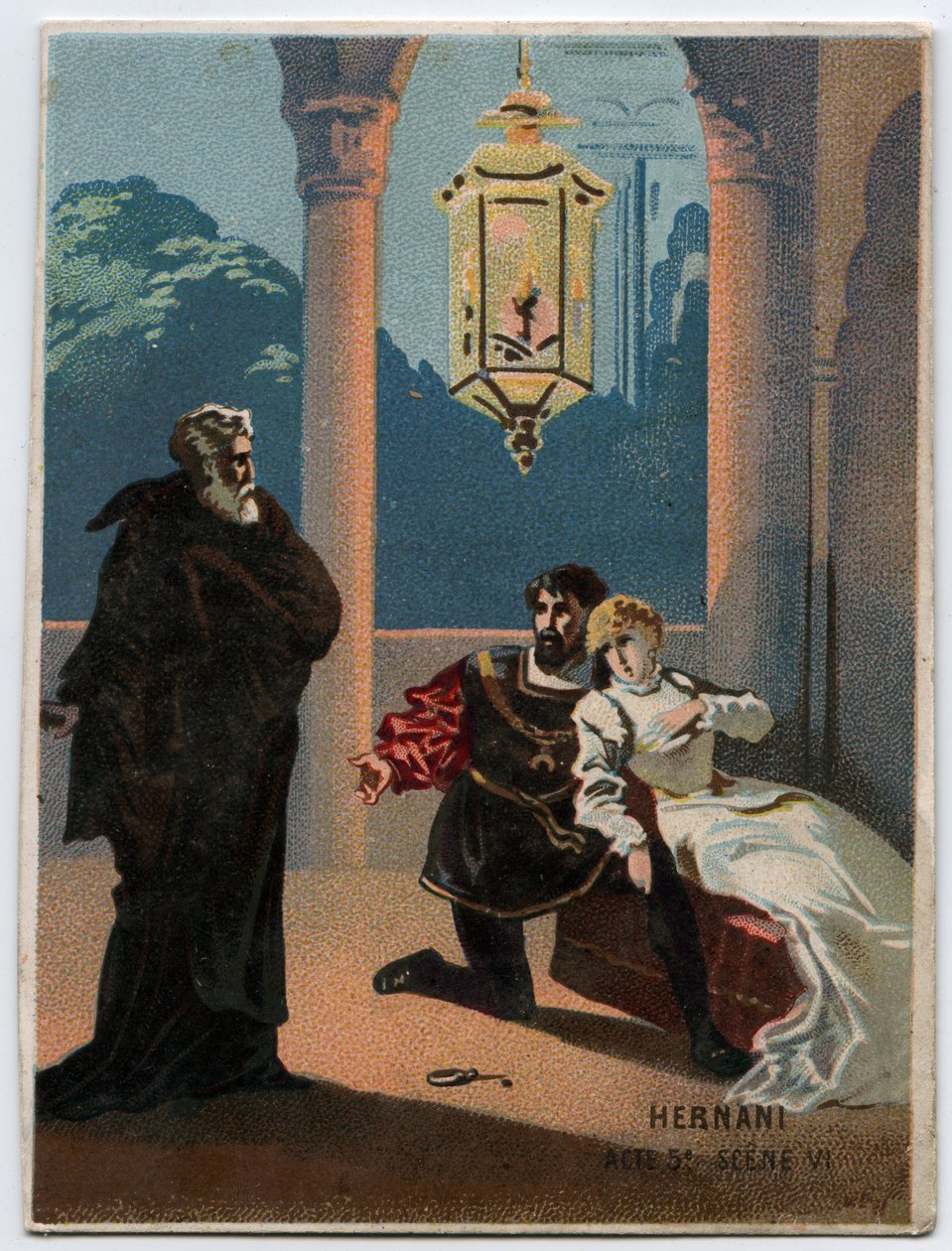 Ilustração de "Ernani" do compositor italiano Giuseppe Verdi (1813 - 1901), ato 5, cena VI da ópera criada em 1844 após a tragédia "Hernani" de Victor Hugo. Cromolitografia do final do século XIX. de Unknown artist
