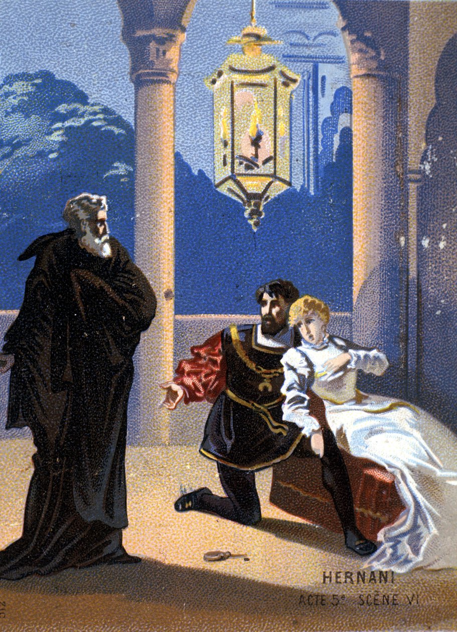 Ilustração de "Ernani" do compositor italiano Giuseppe Verdi (1813 - 1901), ato V, cena 6, ópera criada em 1844 após a tragédia "Hernani" de Victor Hugo. cromolitografia do final do século XIX... de Unknown artist