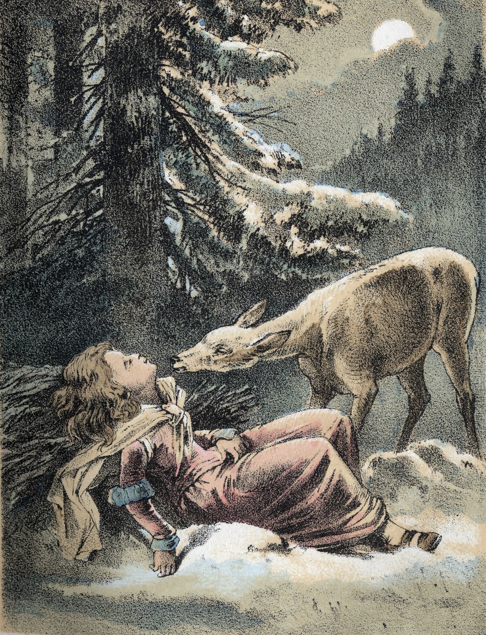 Ilustração dos contos de Franz Hoffmann "Contos e Fábulas - Von Weifsh¿ndchen und breitf¿fschen": uma menina desmaiou na neve e um veado. Cromolitografia do século XIX. de Unknown artist
