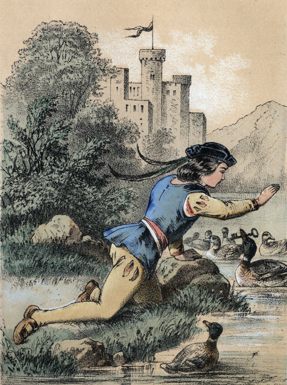 Ilustração dos contos de Franz Hoffmann "Contos e Fábulas - Os 3 príncipes": Um príncipe a receber uma chave de um pato. Cromolitografia do século XIX. de Unknown artist