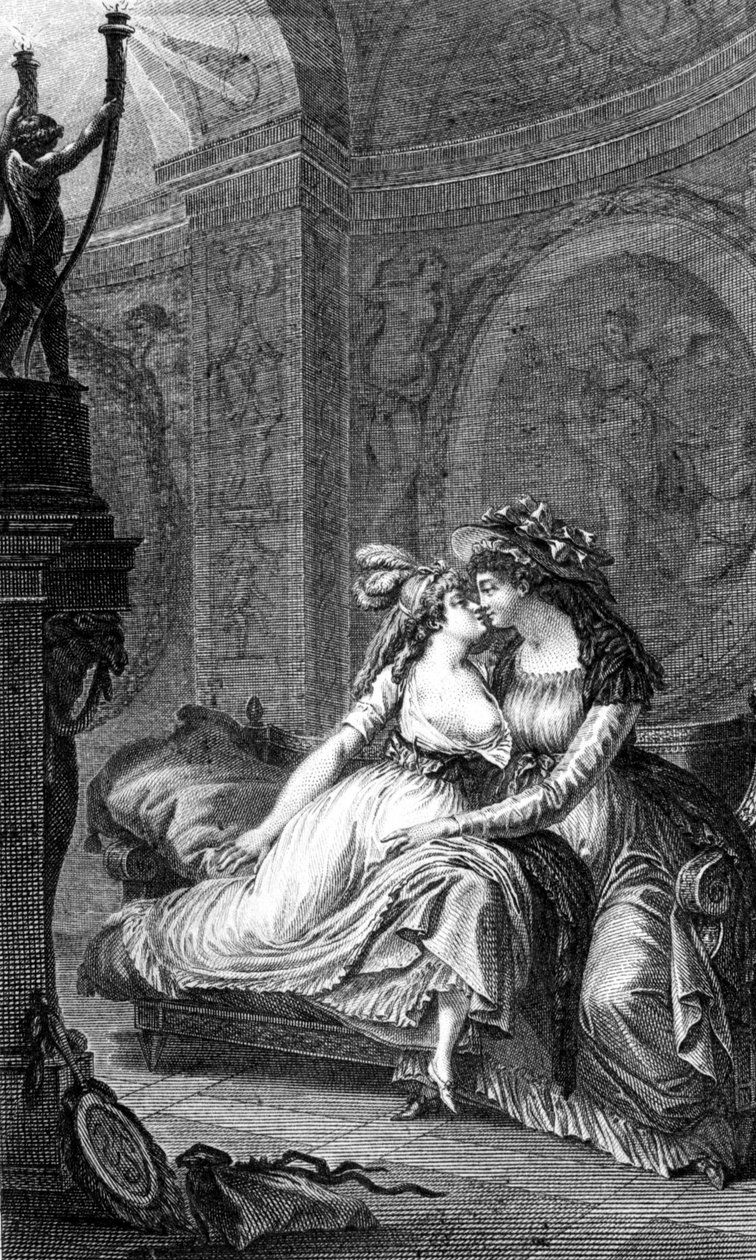Ilustração de "The dangerous links" de Choderlos de Laclos (1741 - 1803): cena da libertinagem entre duas mulheres. de Unknown artist