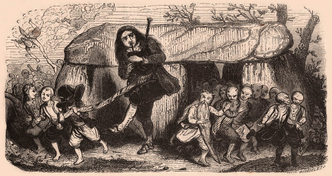 Ilustração de uma lenda segundo as tradições bretãs: o tocador de gaita de foles Lao e duendes dançando na frente de um dólmen de Unknown