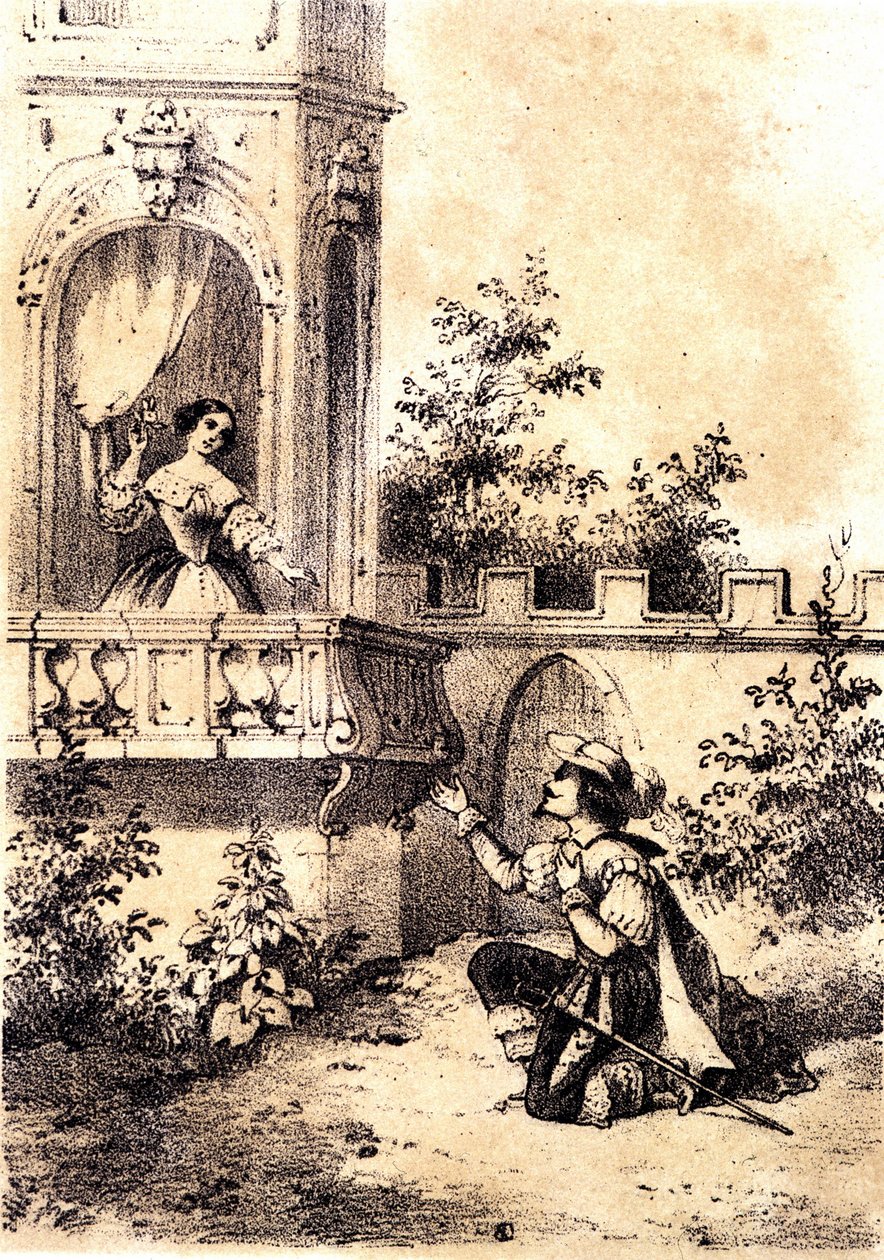 Ilustração da canção "The King made the drum beat": um homem a declarar o seu amor a uma mulher à sua janela. sd. de Unknown artist