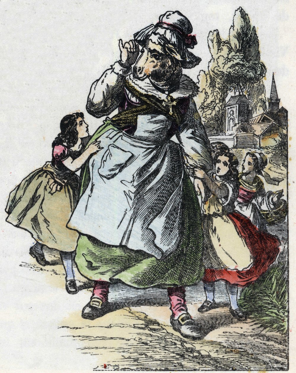 Ilustração do conto "Good Mom Mom Sheep". Em "Contos da casa para os pequenos". Gravura anónima do século XIX. de Unknown artist