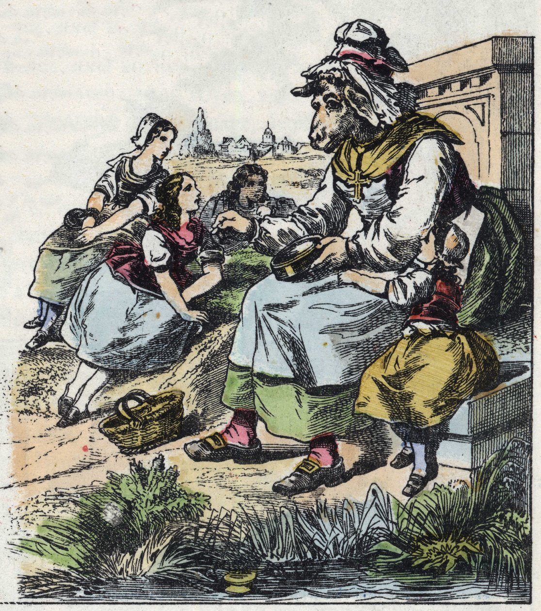 Ilustração do conto "Good Mom Mom Sheep". Em "Contos da casa para os pequenos". Gravura anónima do século XIX. de Unknown artist