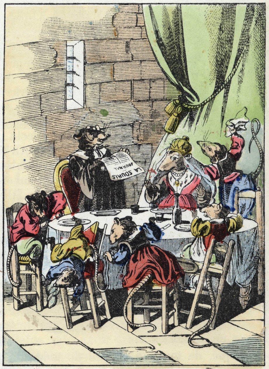 Ilustração do conto "O terrível personagem Raminagrobis e os ratos" desenha fábulas de Jean de la Fontaine. Em "Contos da casa para os pequenos". Gravura anónima do século XIX. de Unknown artist