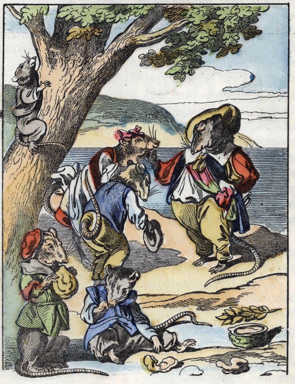 Ilustração do conto "O terrível personagem Raminagrobis e os ratos" desenha fábulas de Jean de la Fontaine. Em "Contos da casa para os pequenos". Gravura anónima do século XIX. de Unknown artist