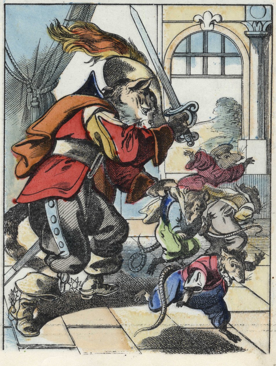 Ilustração do conto "O terrível personagem Raminagrobis e os ratos" desenha fábulas de Jean de la Fontaine. Em "Contos da casa para os pequenos". Gravura anónima do século XIX. de Unknown artist