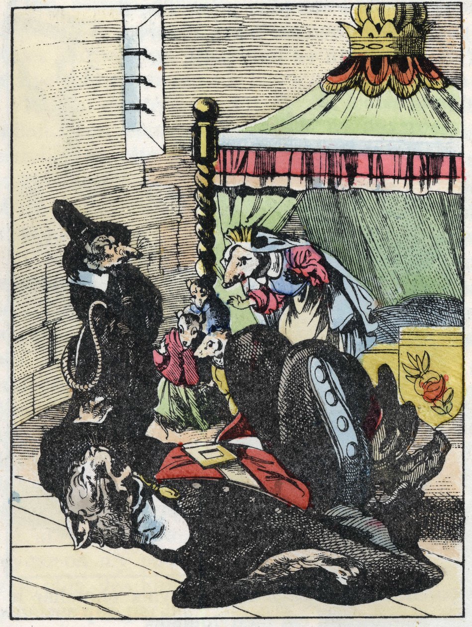 Ilustração do conto "O terrível personagem Raminagrobis e os ratos" desenha fábulas de Jean de la Fontaine. Em "Contos da casa para os pequenos". Gravura anónima do século XIX. de Unknown artist