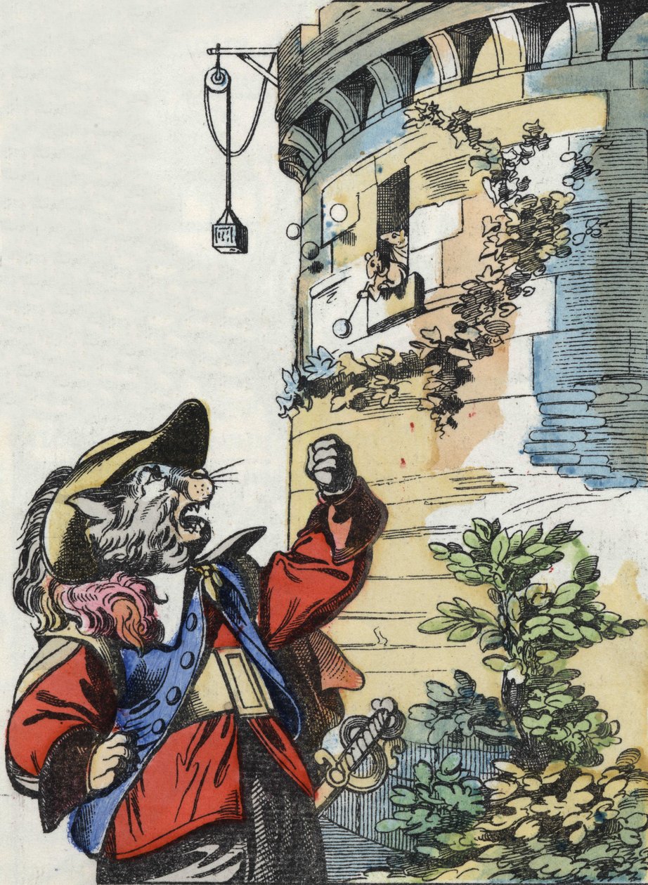 Ilustração do conto "O terrível personagem Raminagrobis e os ratos" desenha fábulas de Jean de la Fontaine. Em "Contos da casa para os pequenos". Gravura anónima do século XIX. de Unknown artist