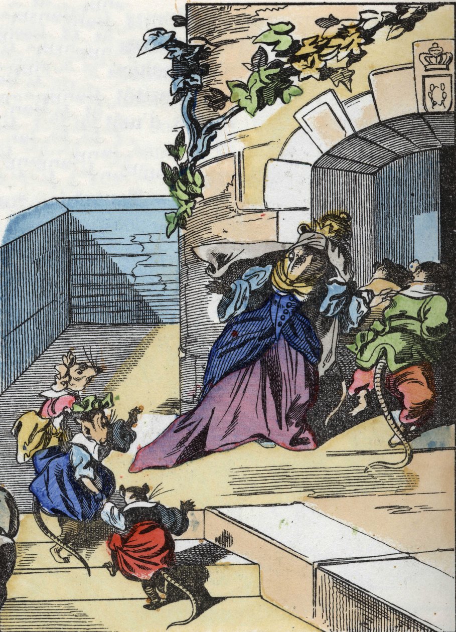 Ilustração do conto "O terrível personagem Raminagrobis e os ratos" desenha fábulas de Jean de la Fontaine. Em "Contos da casa para os pequenos". Gravura anónima do século XIX. de Unknown artist