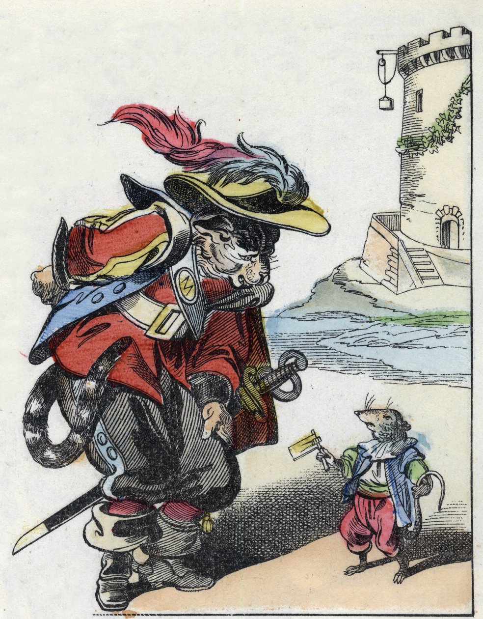 Ilustração do conto "O terrível personagem Raminagrobis e os ratos" desenha fábulas de Jean de la Fontaine. Em "Contos da casa para os pequenos". Gravura anónima do século XIX. de Unknown artist