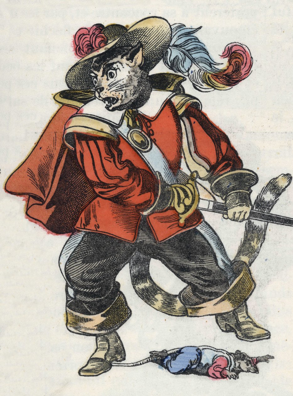 Ilustração do conto "O terrível personagem Raminagrobis e os ratos" desenha fábulas de Jean de la Fontaine. Em "Contos da casa para os pequenos". Gravura anónima do século XIX. de Unknown artist