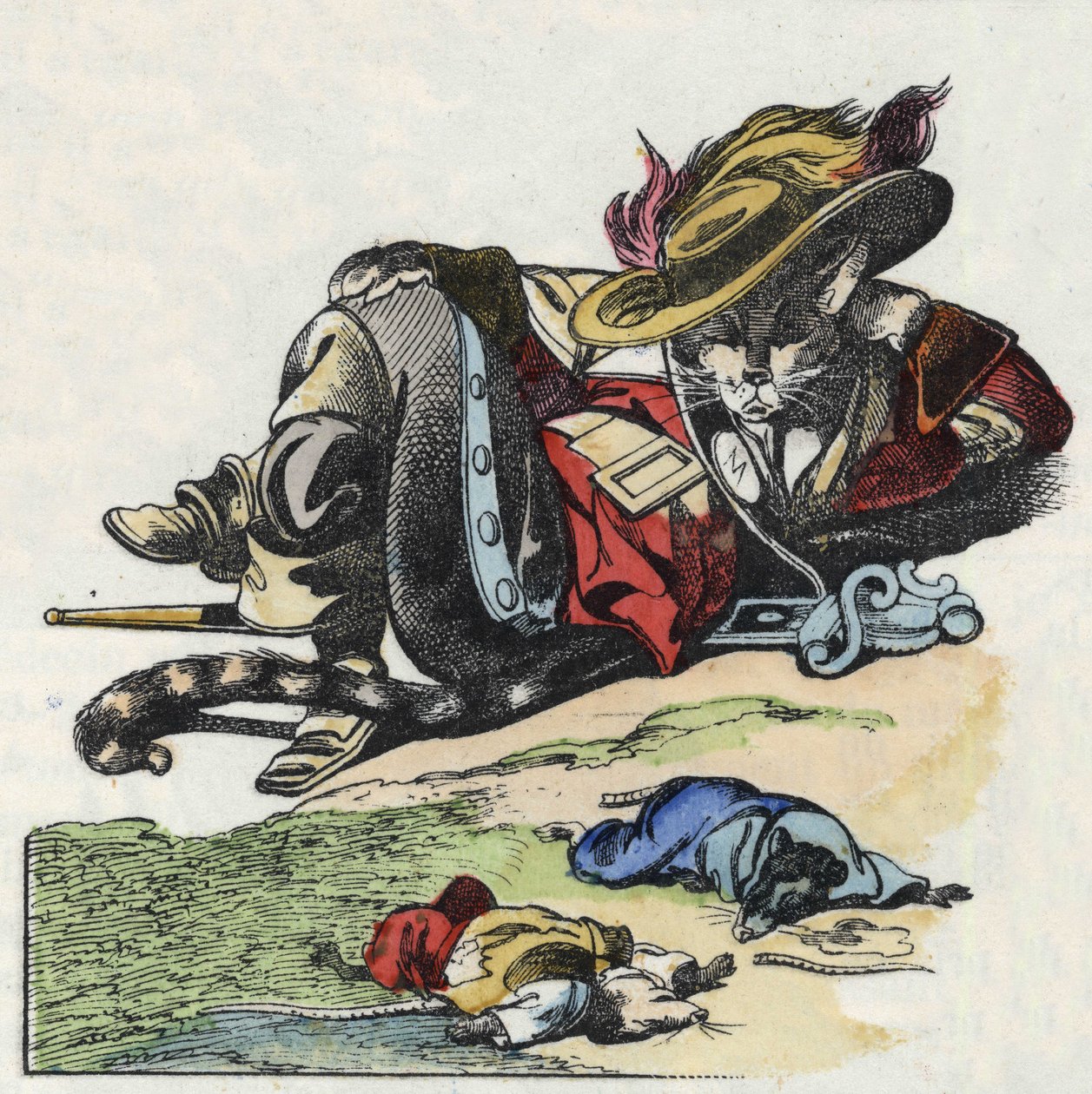 Ilustração do conto "O terrível personagem Raminagrobis e os ratos" desenha fábulas de Jean de la Fontaine. Em "Contos da casa para os pequenos". Gravura anónima do século XIX. de Unknown artist