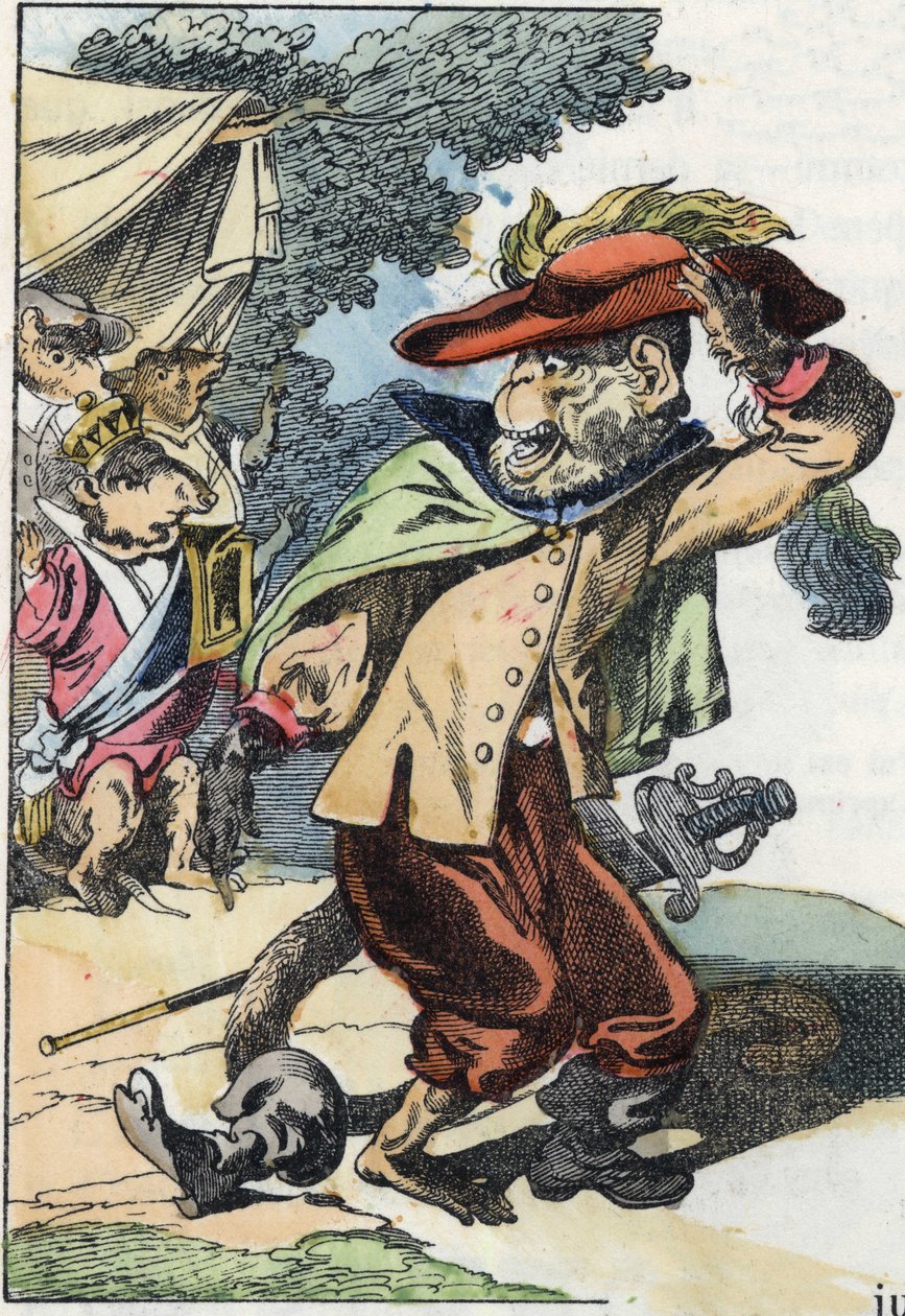 Ilustração do conto "O terrível personagem Raminagrobis e os ratos" desenha fábulas de Jean de la Fontaine. Em "Contos da casa para os pequenos". Gravura anónima do século XIX. de Unknown artist