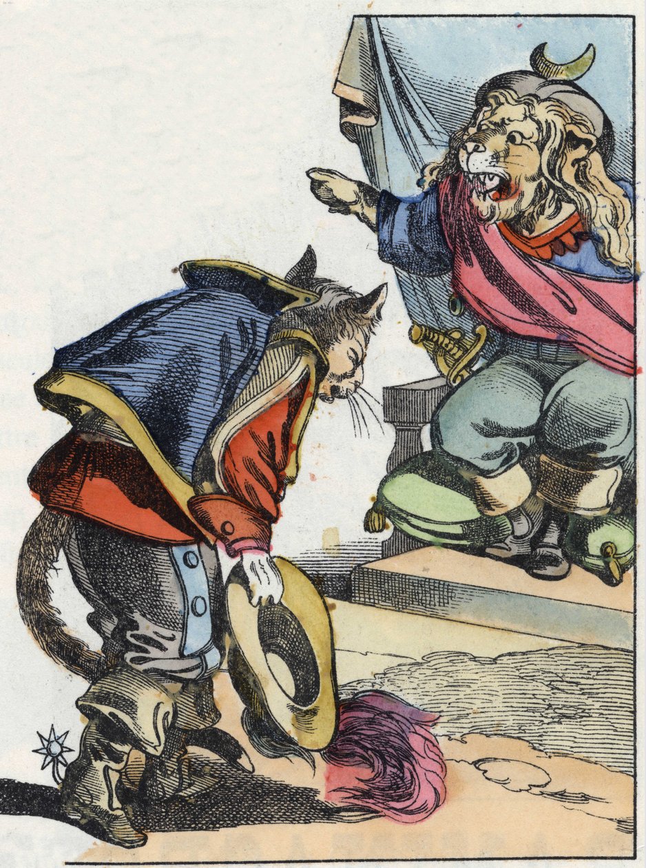 Ilustração do conto "O terrível personagem Raminagrobis e os ratos" desenha fábulas de Jean de la Fontaine. Em "Contos da casa para os pequenos". Gravura anónima do século XIX. de Unknown artist